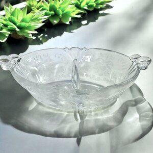 Heisey Divided Oval 8"x5" Bowl Dish Orchid Etched Glass - Vintage